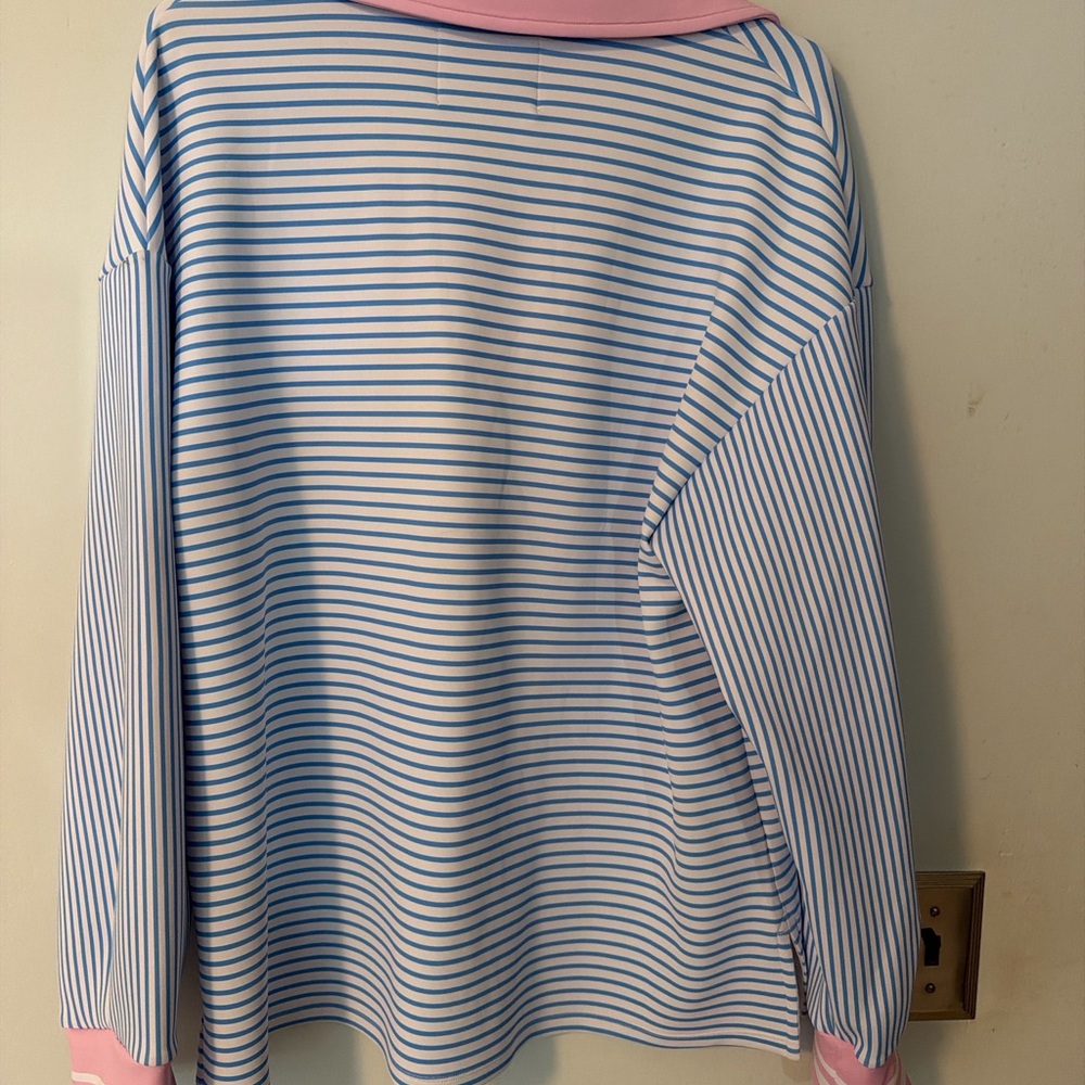 Addison Bay Blue & White Striped Performance Polo Top Pink Collar XL - Picture 3 of 5